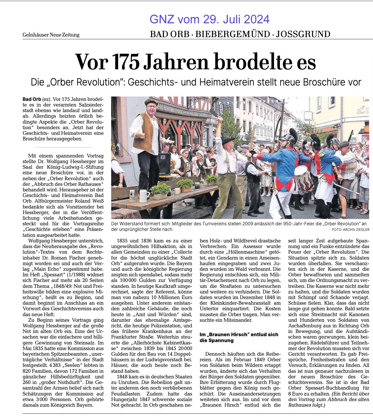 Zeitungsausschnitt: Vor 175 Jahren Brodelte es. Die »Orber Revolution«: Geschichts- und Heimatverein stellt neue Broschüre vor